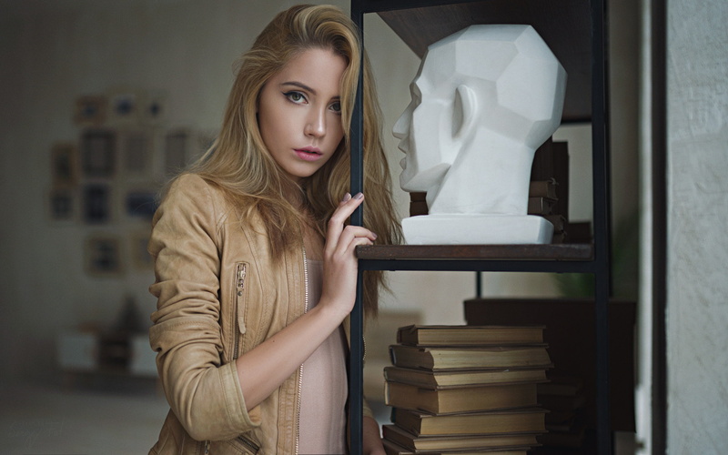 head, books, leather jackets, portrait, Sergey Fat, model, Ksenia Kokoreva, long hair, blonde, women, 1080P