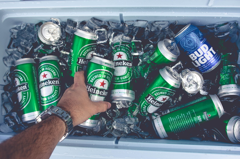 one person, alcohol, cooler, animal, human body part, repairing, land vehicle, beer bottle, car, heineken, tin, green color, personal perspective, technology