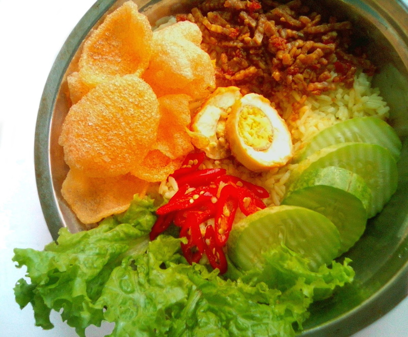 uduk, nasi, egg, indoors, bowl, traditional, seafood, wellbeing, healthy eating, indonesian, high angle view, fruit, chips, food And Drink, garnish, salad
