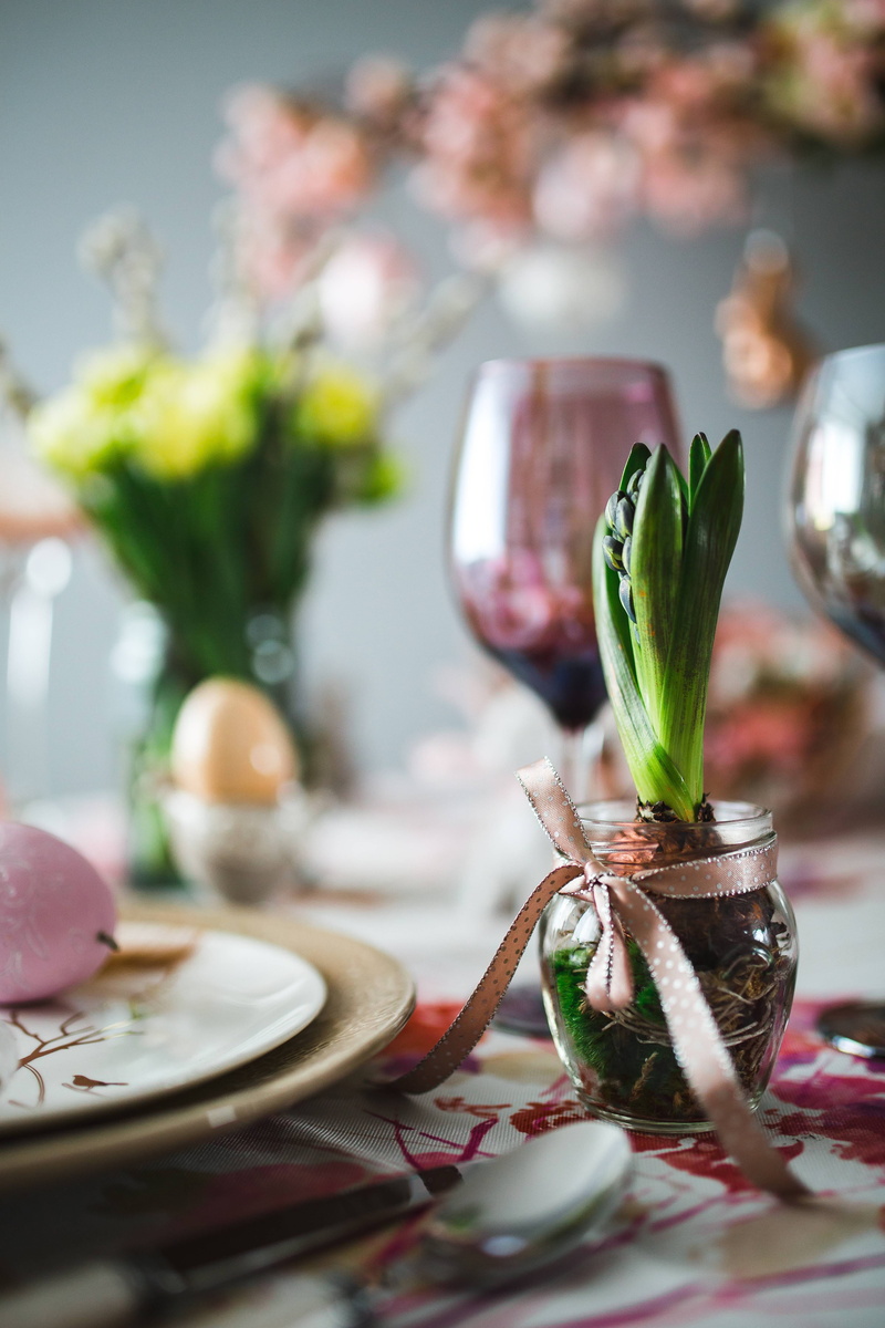 drinking Glass, table, dinner, dining Table, decor, candle, catkins, plant, leaf, no People, wineglass, Easter table, arrangement, pink, 5K, napkin, food