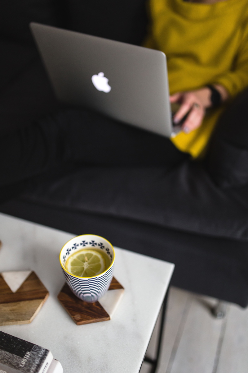 furniture, working, drink, macbook pro, girl, minimal, at home, young, using laptop, blonde, apple macbook, 4K, sofa, business, men, focus on foreground