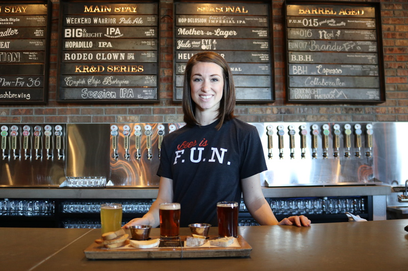 drinks, cafe, table, woman, confidence, 5K, front view, portrait, working, waist up, tray, bar - drink establishment, food and drink, store, smile, menu board