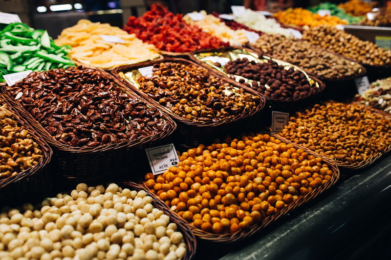 la, fruits, order, choice, store, spice, sale, La Boqueria, food, dried fruit, freshness, spain, healthy eating, still life, multi Colored, high angle view