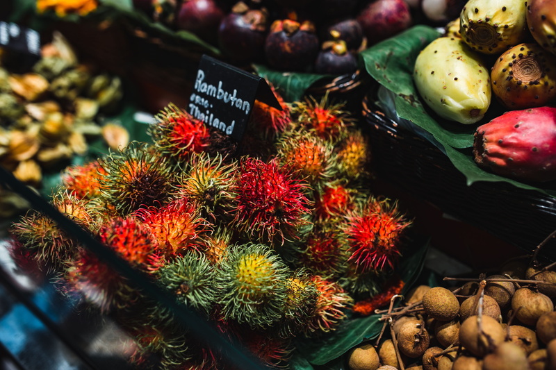 la, Barcelona Spain, frame, day, boqueria, close-up, retail, for sale, multi colored, colorful, high angle view, small business, outdoors, food, large group of objects