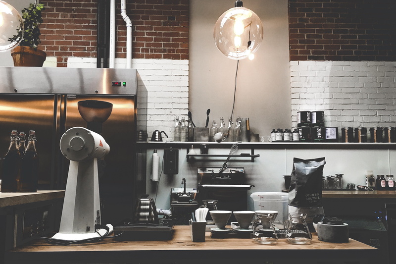 food and drink, still life, 4K, machine, coffee maker, shelf, exhaust fan, cafe, brown, container, lighting equipment, espresso, light, cups, large group of objects