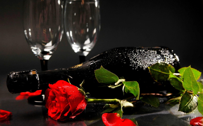 bottle, 3d and abstract, champagne, flowers, flower, a bottle of champagne, wine glasses, roses, rose, wine, 1080P