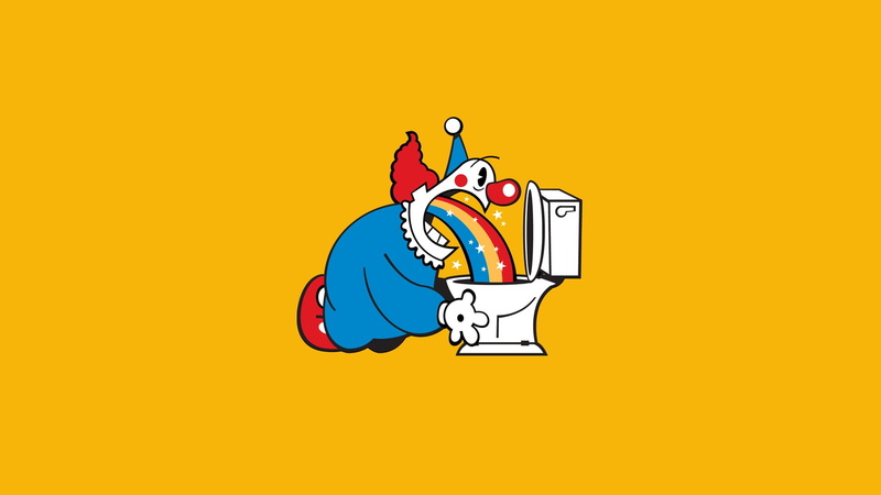 primary colors, food and drink, fun, clowns, multi colored, yellow, colored background, illustration, rainbows, people, spraying, 1080P, creativity, adult