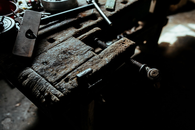 steel, bolts, high angle view, garage, still life, nut - fastener, group of objects, Tools, industry, metal, hand tool, tool, nuts, wood - material, indoors