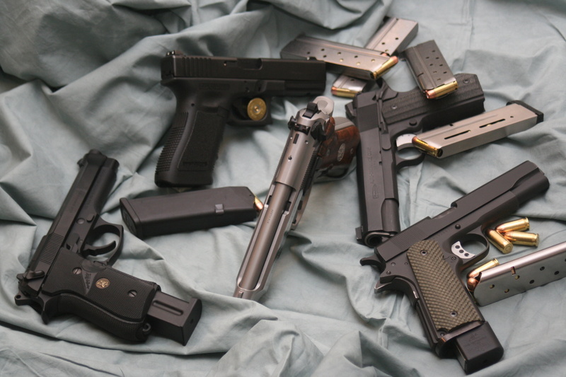 handgun, weapons, clips, communication, high angle view, gray, weapon, crime, bullet, semi, gun, no people, ammunition, table, automatic, violence, 2K