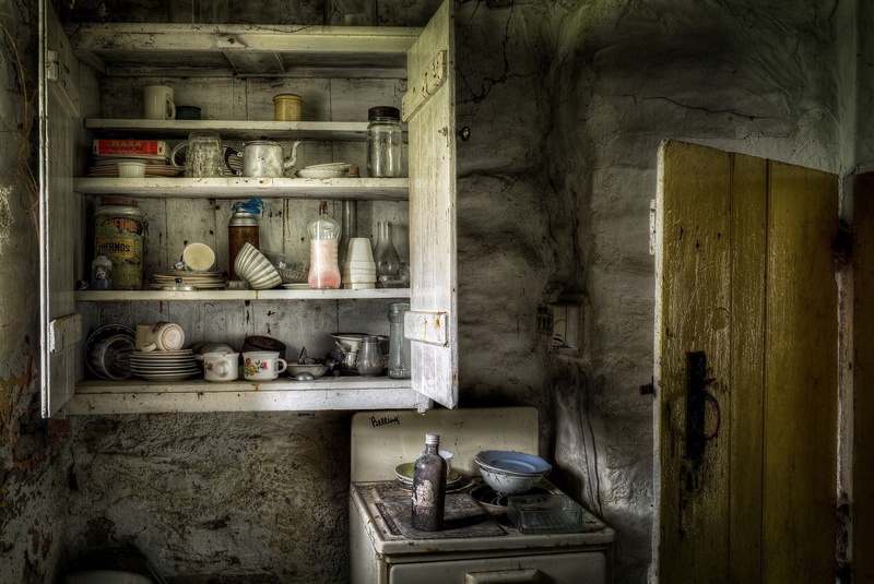 indoors, wood - material, messy, home interior, abandoned, industrial, interior, no people, machine, domestic kitchen, architecture, shelf, black, cabinet