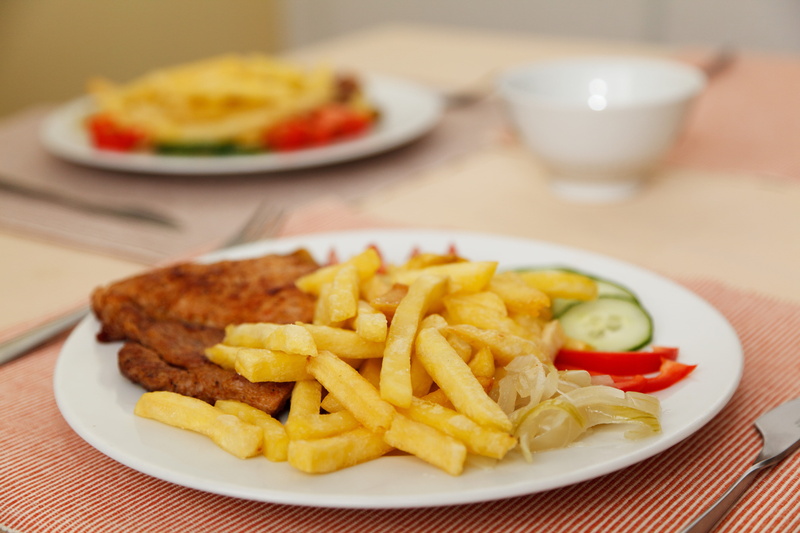 meal, close-up, fries, fast food, focus on foreground, beef, table, plate, indoors, fried, no people, roasted, meat, french fries, food and drink, 4K