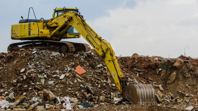 sky, equipment, mode of transportation, nature, yellow, pollution, excavator, digger, garbage dump, heavy machine, construction Machinery, machinery, ruined