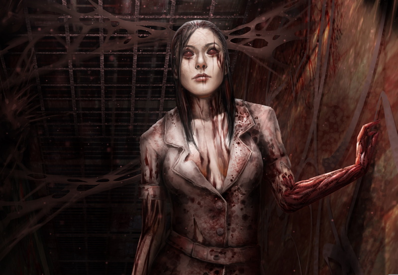 casual clothing, indoors, young adult, fan art, real people, teenager, hair, Silent Hill, one person, darkness, long hair, girl, nurse, digital composite