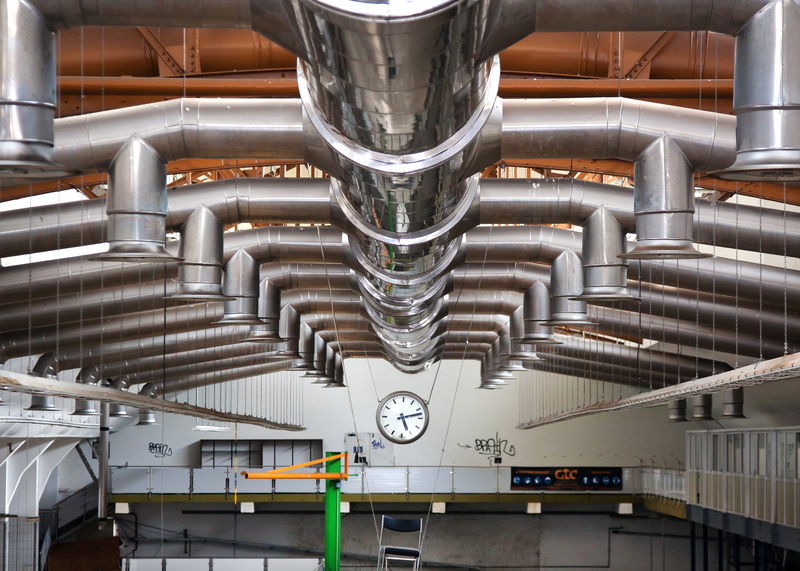5K, text, silver colored, rama, building, ventilation, hall, factory, pipe - tube, ceiling, metal, steel, equipment, no people, industrial plant, butter factory
