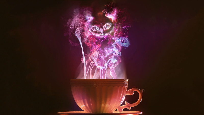 purple, pink color, white, smoke, celebration, mug, cup, drink, motion, glowing, coffee - drink, coffee cup, Cheshire Cat, fantasy art, indoors, smoke - physical structure