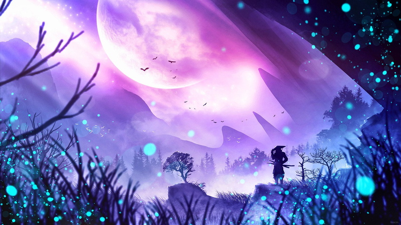 illuminated, Mountain, fish, Blue, real people, water, Fantasy, Purple, animals in the wild, 1080P, indoors, group of animals, animal themes, Tree, plant