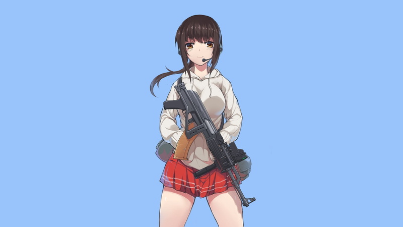 one person, anime girls, front view, skirt, standing, leisure activity, women, sky, representation, anime, red, blue background, ponytail, innocence, three quarter length