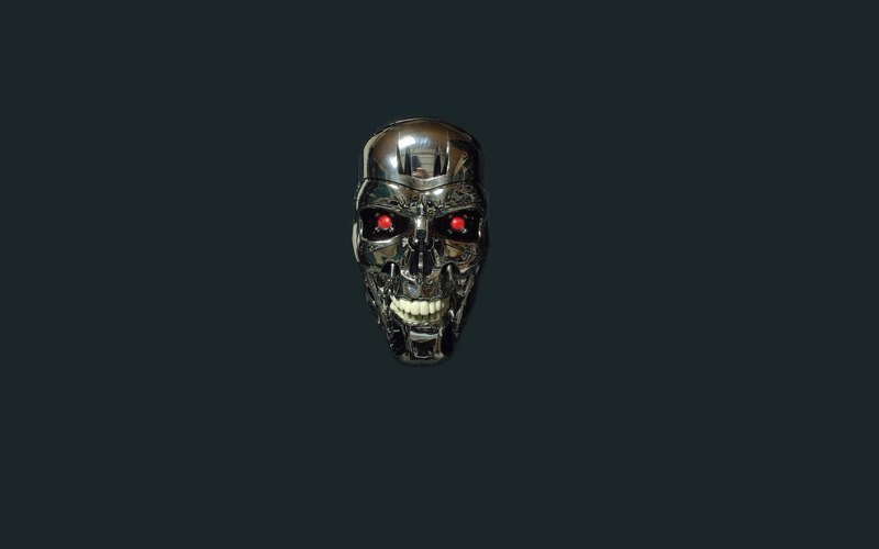 studio shot, character, indoors, copy space, animal, shiny, dark, no people, Terminator, creativity, 1080P, head, silver colored, skull, robot, single object
