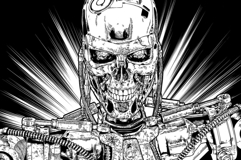 machine, drawing, monochrome, cyborg, comic art, 720P, endoskeleton, Terminator
