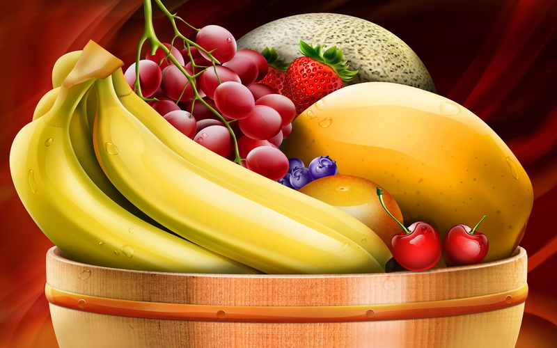 Strawberries, Drawing, Cherries, Grapes, 1080P, Bananas, Art