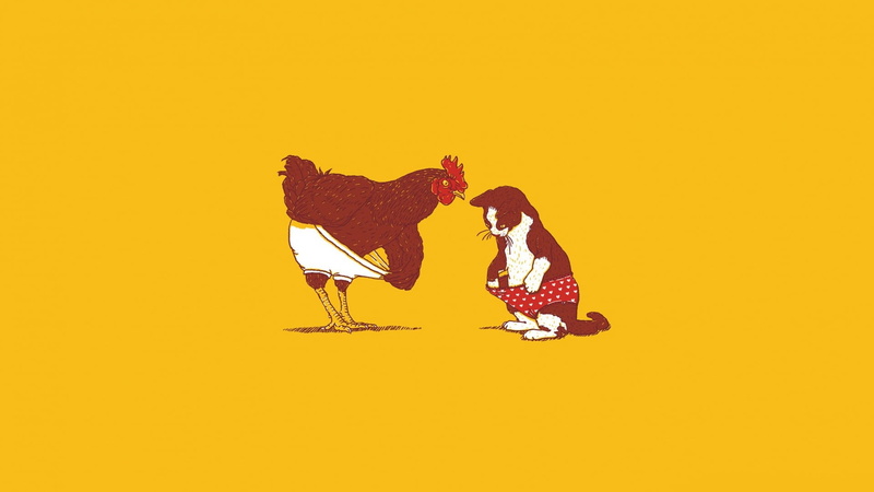 hen, colored background, profile view, offspring, fun, cut out, side view, animals, illustration, full length, minimalism, child, yellow, cat, 1080P, adult