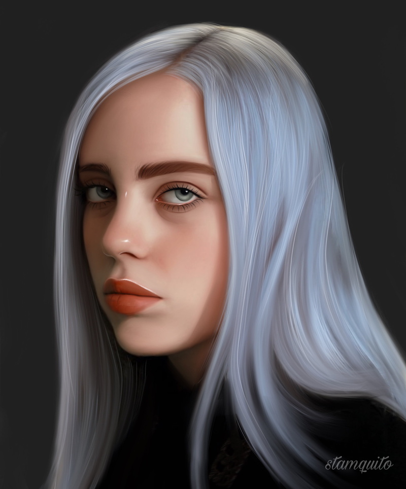 portrait, 2K, fan art, portrait display, digital painting, Billie Eilish, digital art, artwork, Stam Quito, drawing