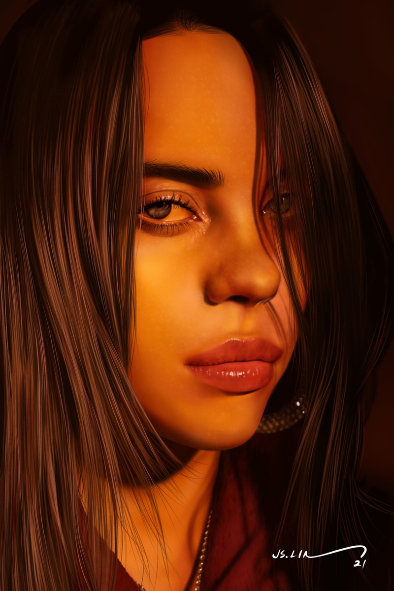 2K, portrait display, fan art, digital painting, realistic, artwork, digital art, portrait, women, Jinsung Lim, Billie Eilish, drawing