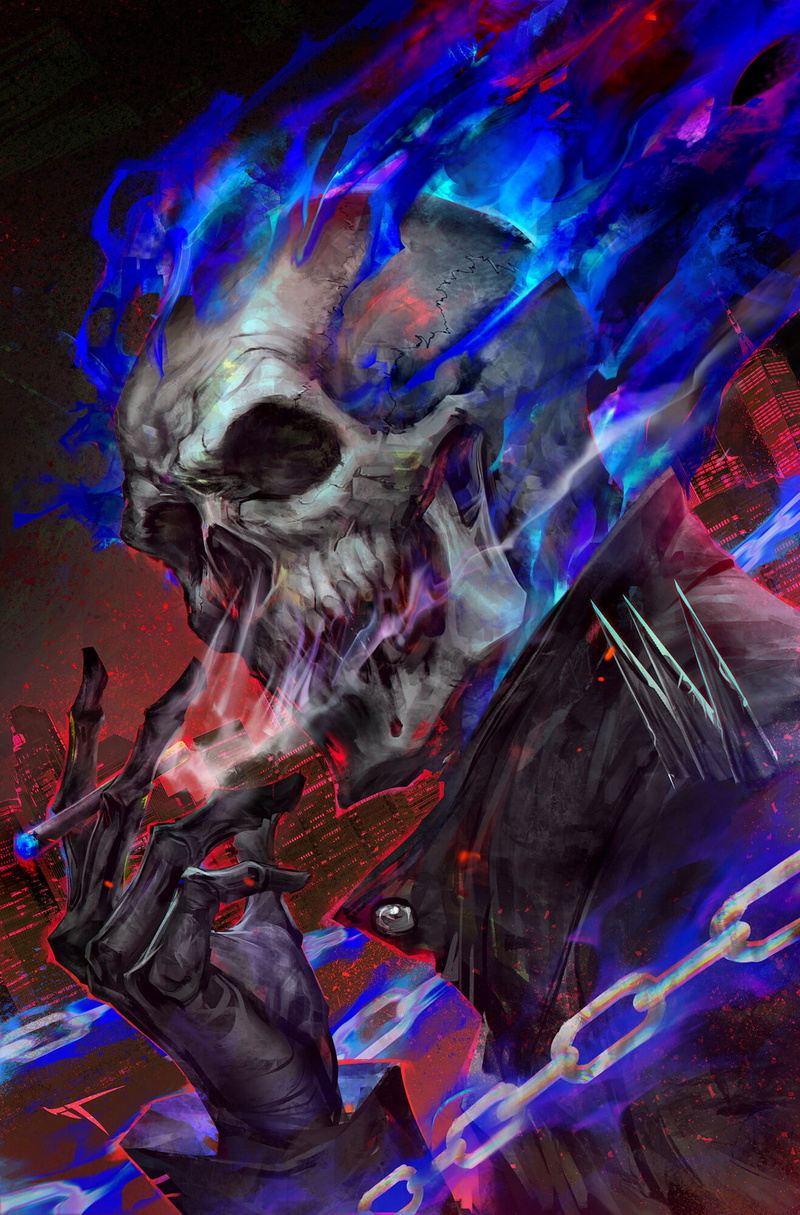portrait display, artwork, digital painting, fan art, cigarettes, Ghost Rider, smoking, digital art, drawing, skull, 1080P