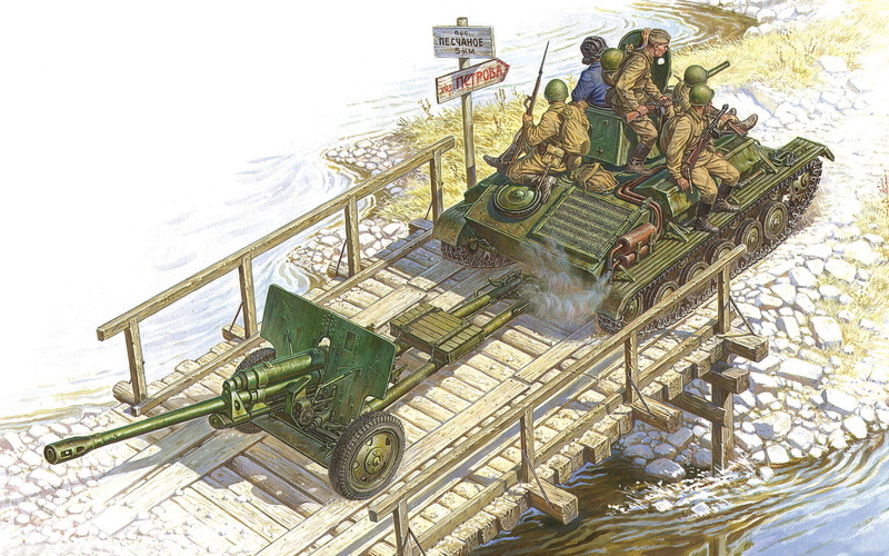 incidental people, water, agricultural machinery, T-70M, architecture, group of people, soldiers, WWII, sky, WW2, illustration, tank, 2K, anti-tank, battle