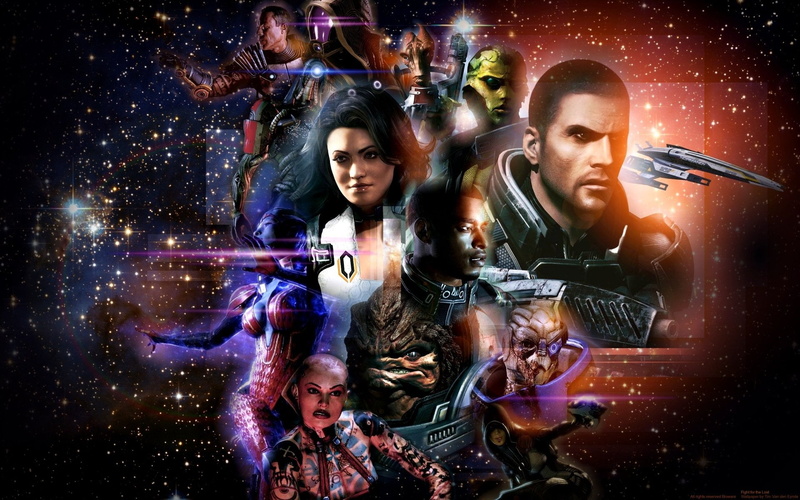 Kasumi Goto, humans, friendship, males, nightclub, Mordin Solus, Mass Effect 2, people, digital composite, Thane Krios, Jack (Mass Effect), illuminated