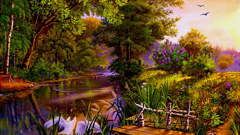 1080P, river, painting, fantasy, birds, herons
