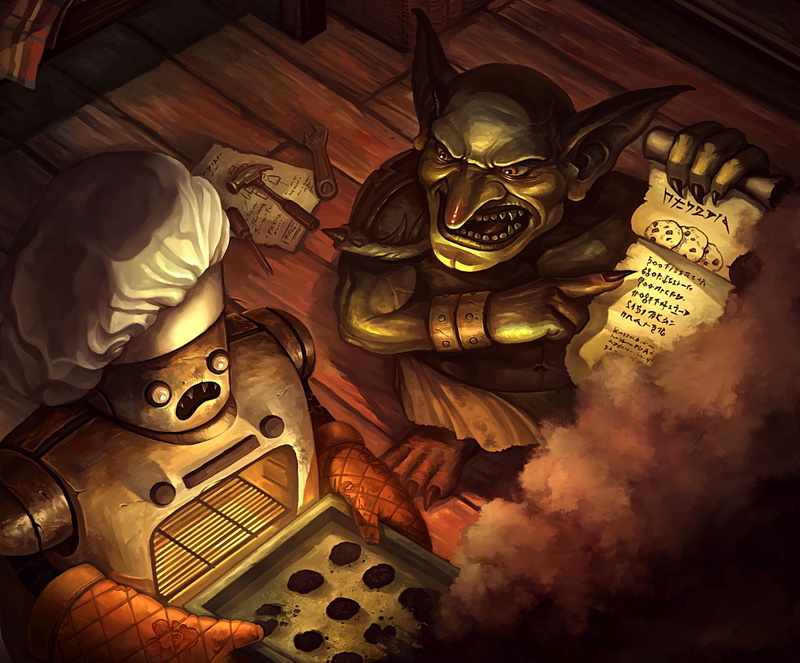 cook, Goblin vs Gnomes, cookies, 1080P, recipe, art, Goblin, Hearthstone, robot, instrumento, smoke