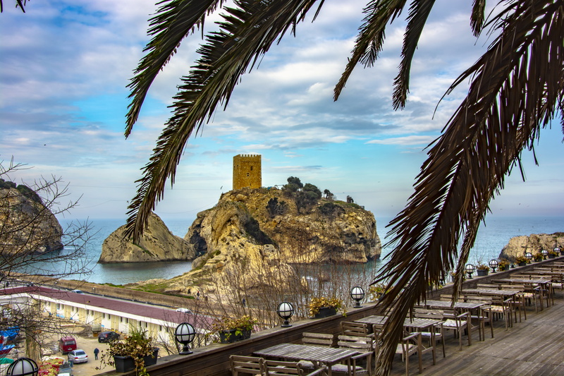 castle, landscape, old, scenics - nature, no people, sea, stone, historical, tower, outdoors, the famous, plant, water, tropical climate, road, architecture