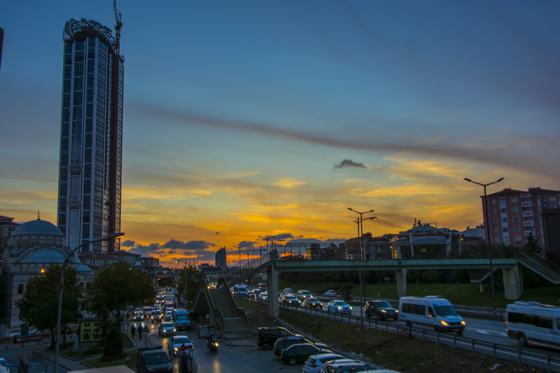 street, sunrise, modern, city, istanbul, sky, urban, msn letters, mode of transportation, building, road, cloud - sky, color, no people, cityscape, tower