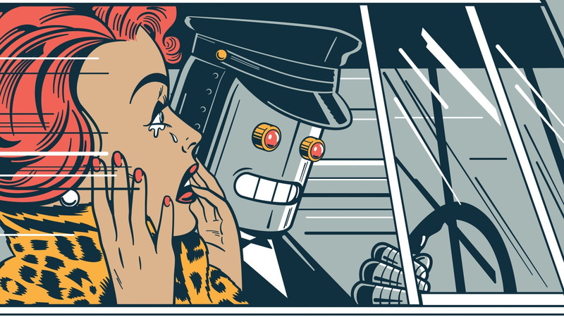 robot, digital art, car interior, women, sign, transfer print, Driver, hat, architecture, built structure, strp, comic, communication, human representation