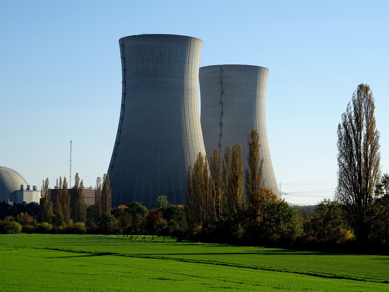 no people, day, pollution, grass, cooling towers, electricity, factory, nuclear reactors, architecture, atomic energy, outdoors, field, nature, shut down