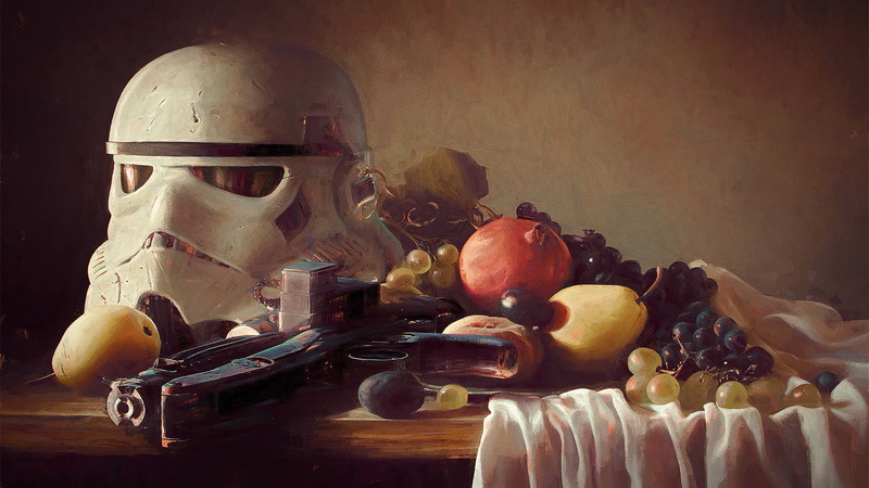 stormtrooper, artwork, still life, fruit, digital art, blaster, Star Wars, 1080P