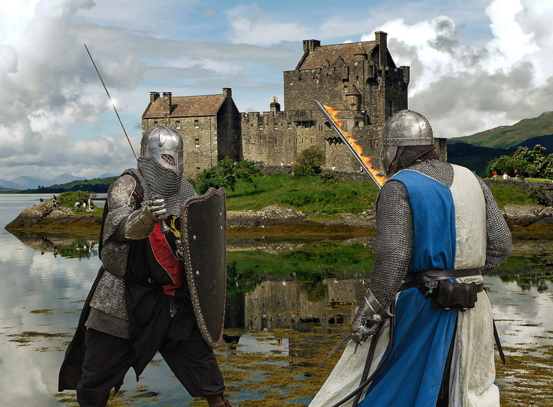 ancient, built structure, lake, castle, soldiers, cloud - sky, clouds, fantasy, warm clothing, shield, medieval, wearing, sky, armor, nature, knights, day