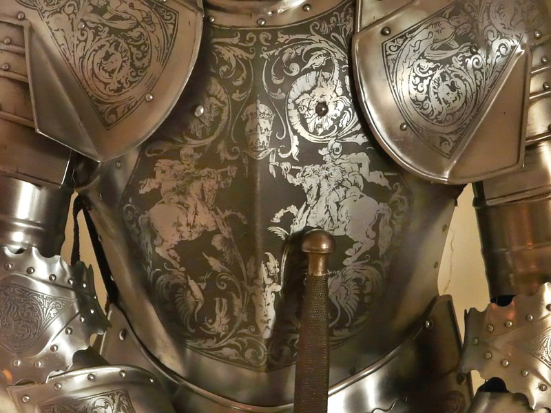 knight, armor knight, home, plate, knight - Person, domestic room, no people, 1080P, ornate, floral, art and craft, day, armor, middle ages, weapons, black knight