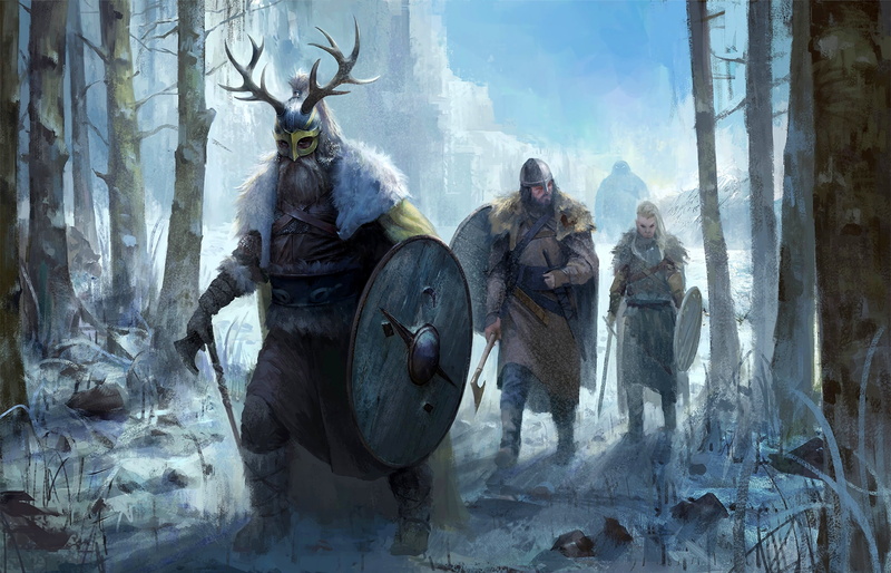Snow, Battle axe, Helmet, Shield, The Vikings, 2K, Trees