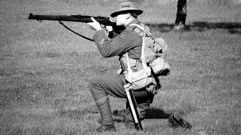 aiming, guard, sighting, outdoors, kneeling, camouflage, aggression, man, world war 1, land, adult, standing, conflict, uniform, world war i, ammunition