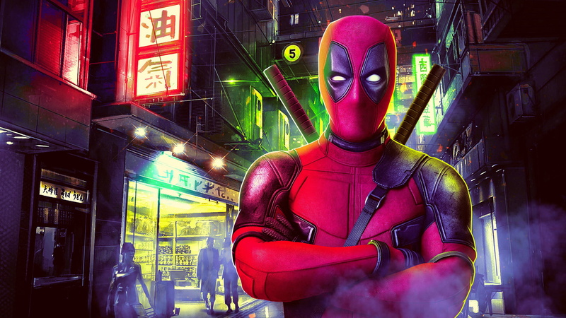 signs, lights, characters, costume, swords, MARVEL, fiction, poster, katana, night, comic, art, mask, the city, Deadpool, home, 2K, street