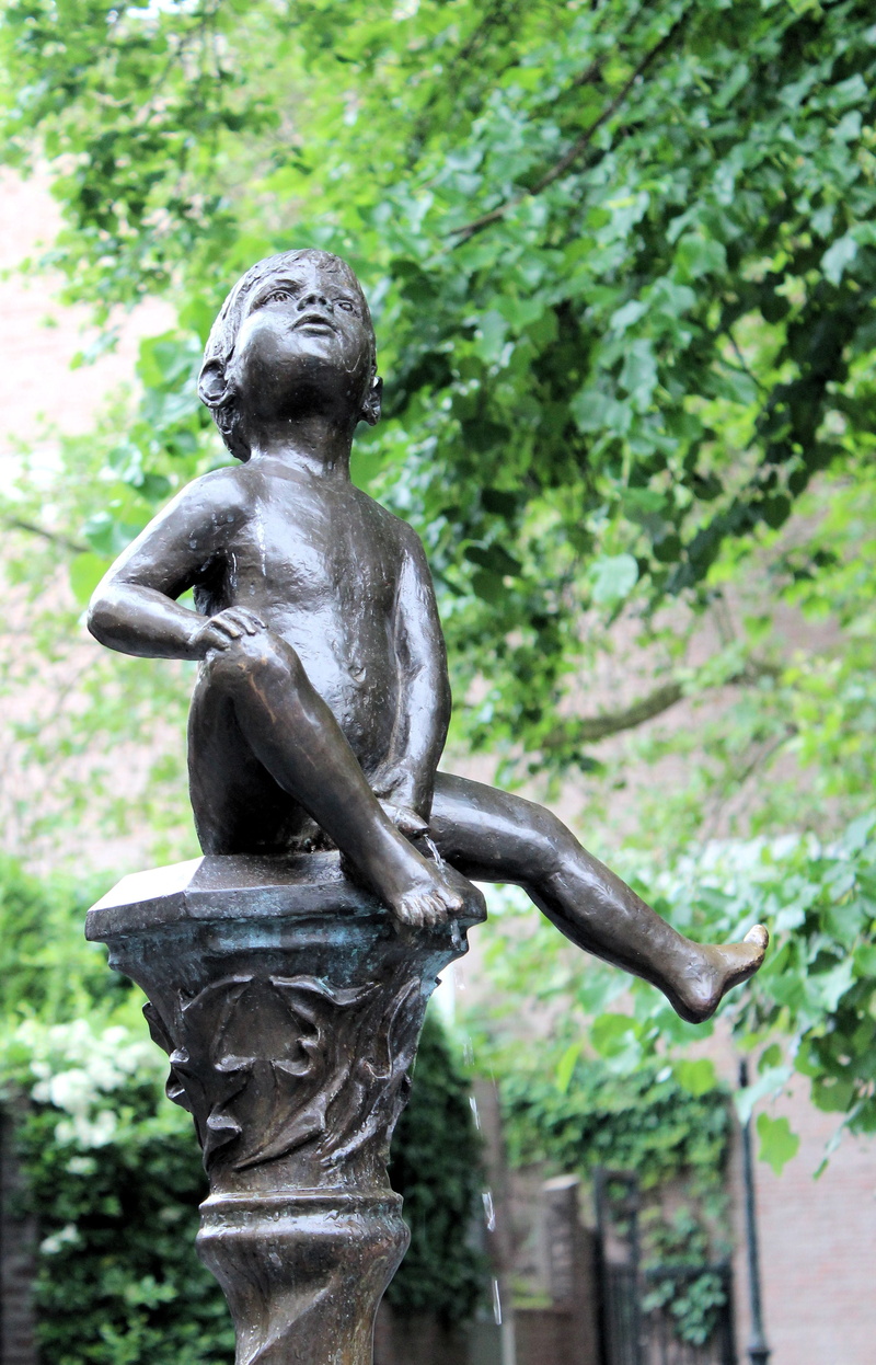 green color, tree, plant, outdoors, representation, human representation, fountain, spring, low angle view, 4K, summer, little boy, focus on foreground