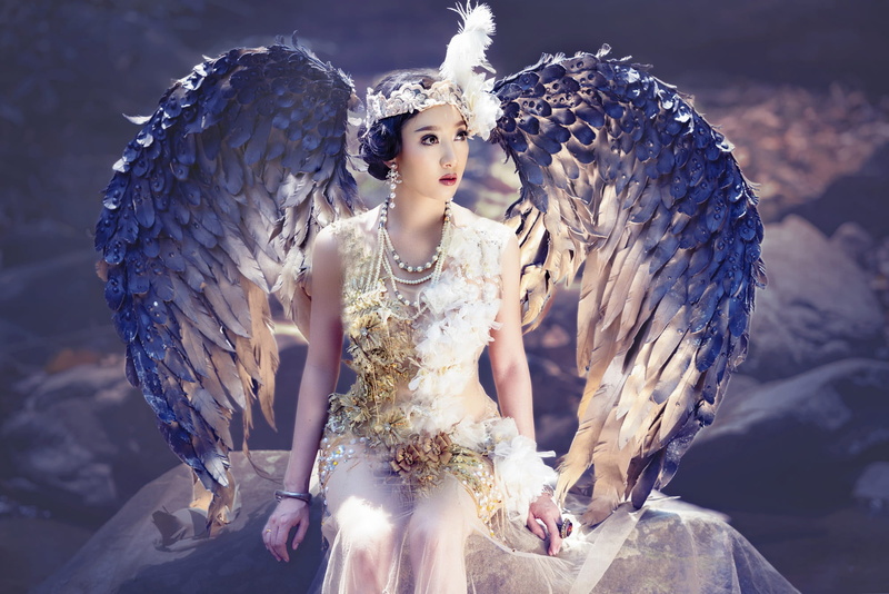 background, wings, brunette, girl, face, light, costume, 1080P, style, sitting, Asian, pose, fairy, angel, headdress, white dress, Princess, image, look