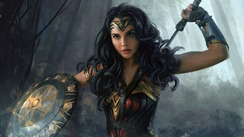 Gal Gadot, amazon, paiting art, shield, artwork, DC Comics, fantasy art, weapons, superhero, Wonder Woman, fantasy, sword, paintig, 1080P, warrior