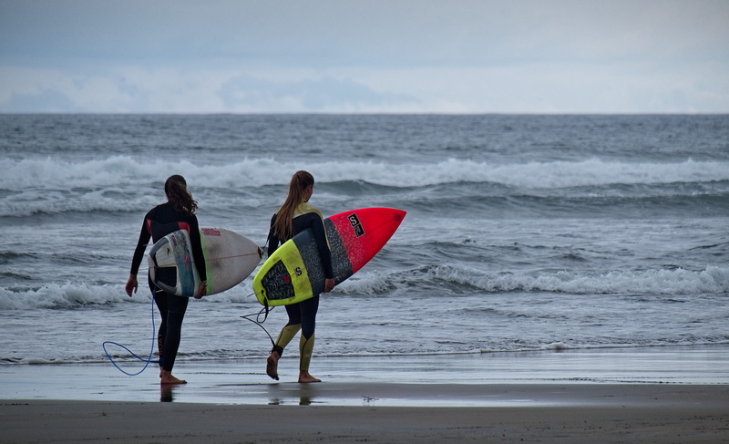 outdoor, strong, beach, fearless, togetherness, women, summer, surfing, two people, wave, yellow, ocean, rear view, people, water, motion, land, sea, surfers
