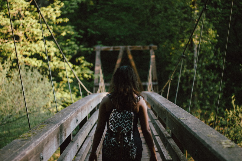 three quarter length, plant, rear view, hairstyle, young adult, footbridge, nature, people nature forest bridge schoolbags wood, 5K, day, architecture