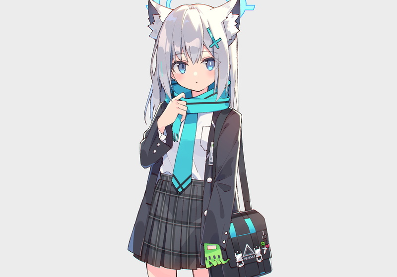 skirt, Wolf girl, schoolbags, missing glove, artwork, illustration, scarf, blue eyes, Key Chain, 2K, hair pins, bangs, long hair, anime, school uniform