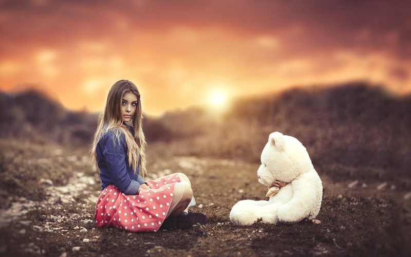 Sunset, Teddy, Bear, 2K, Girl