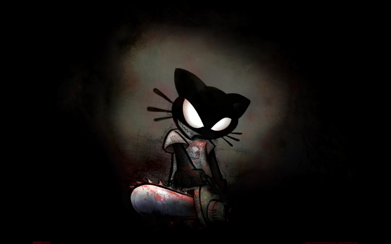black, 1080P, illustration, chainsaw, hd, cartoon/comic, holding, dark, cat
